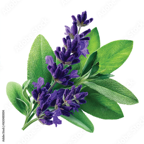Aromatic Lavender Flowers with Green Sage Leaves on White Background Isolated Still Life Freshness and Natural Beauty High Quality Image