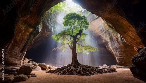 a majestic tree stands tall in the center of a vast open cave its roots sprawling across the rocky ground illuminated by soft natural light filtering in