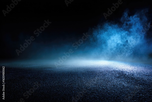 Dark, moody scene with blue atmospheric fog