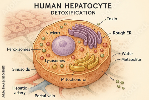 Human Hepatocyte Detoxification - Illustration of Liver Cell Structure, Anatomy & Function