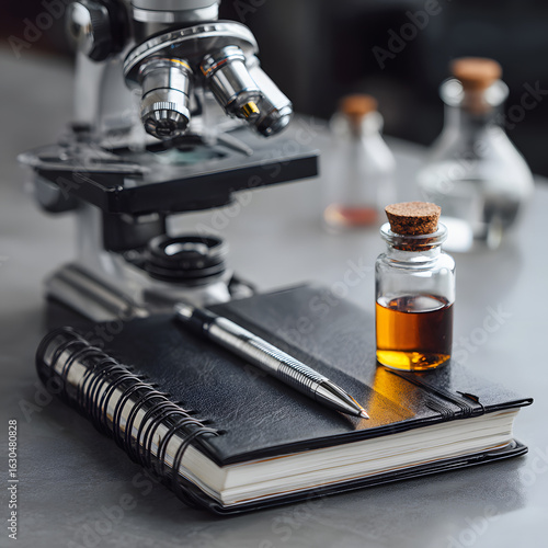 Laboratory Setup with Microscope, Notebook, and Glassware