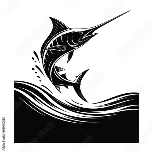 Swordfish silhouette dynamic jumping sea animal vector isolated on white background