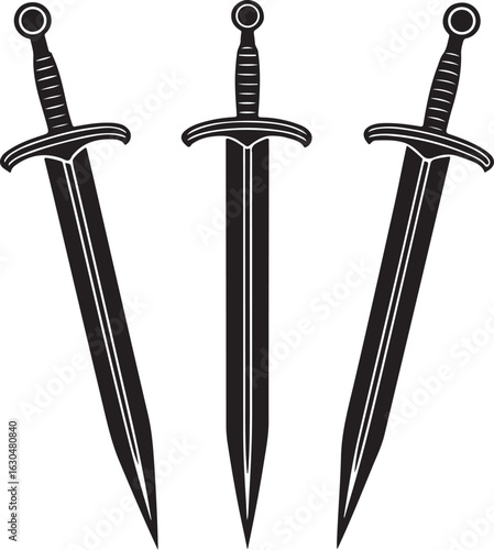 Set of three medieval sword silhouettes.