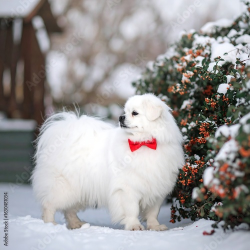 Fluffy white dog in snow