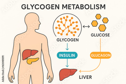 Glycogen Metabolism Illustration: Glucose, Insulin, Glucagon Cycle in Human Body - Illustration