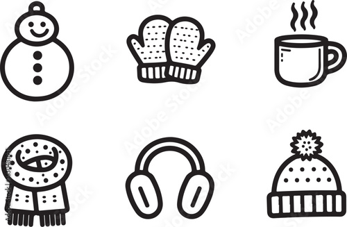 Charming winter icons cozy snowman mittens hot drink scarf headphones beanie