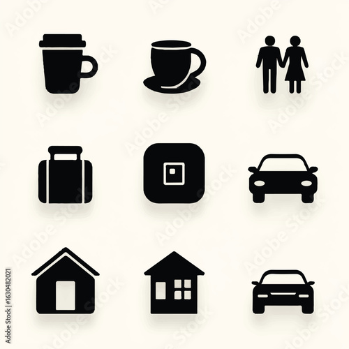 Black and white vector graphics depicting daily life travel and domestic icons with people coffee cups and transportation all presented clearly