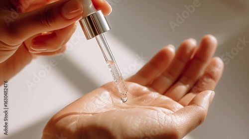A person carefully dispensing a clear liquid from a dropper into their open palm for skincare application, horizontal video