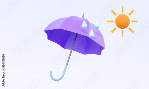 Umbrella wirh drop and sun 3D vector icon monsoon season weather storm rainy sunshine hot uv protection concept. on pastel background. Minimal cartoon style banner. poster illustration.