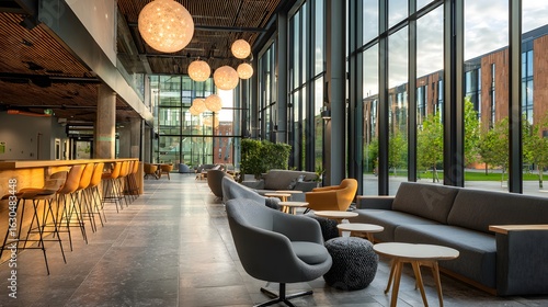Modern office lobby lounge with outdoor view, seating, and bar