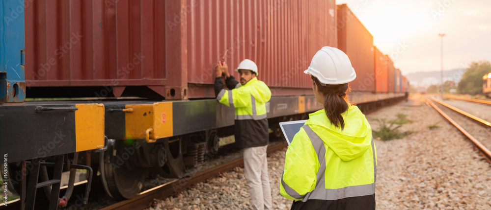 Fototapeta premium Foreman checking inventory or task details on freight train cars and shipping containers. Logistics concept, import, and export industries.