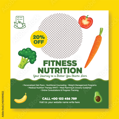 Diet plan consultation and Nutritionist Services promotional social media post, banner ad template, online nutrition consultant service social media marketing advertising, content layout design