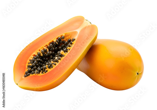 Fresh Ripe Papaya Fruit Halved and Whole Isolated.