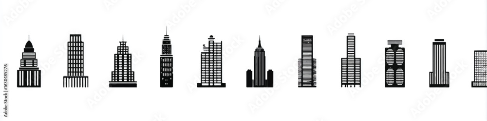 Naklejka premium Collection of Black and White City Building Silhouettes Vector Illustration of a Cityscape with Various Architectural Styles
