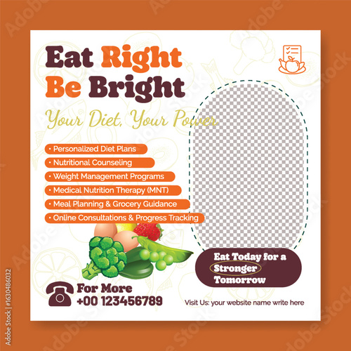 Editable social media post, banner template for online dietitian consultation and health, wellness food Diet Plan chart and Nutritional Counseling service web banner design