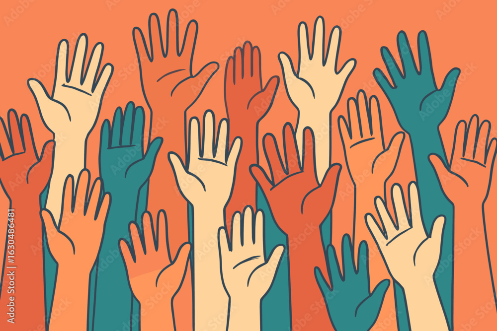Fototapeta premium Vector illustration of open hands with diverse skin types, representing multiethnic people and community in a theme of diversity and race