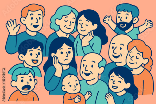 Flat vector illustrations of happy diverse families from various cultures and traditions, including parents and kids of different nationalities and ethnicities, isolated on white background