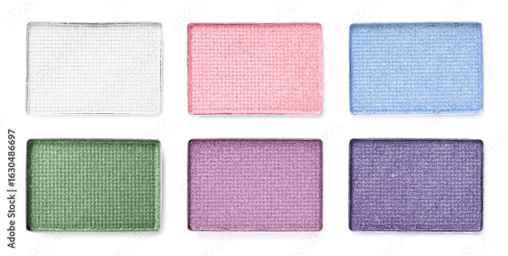 Fototapeta premium Different eyeshadow in refill pans on white background, set. Palette of shades