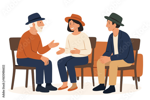 Various individuals engage in conversation with one another, illustrating the concept of communication