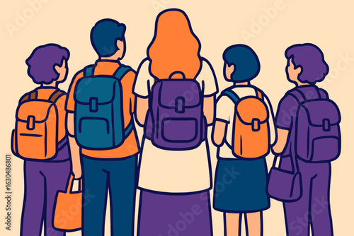 Vector illustration of happy students from elementary, middle, and high school, including groups of classmates and friends of various ages and grades, standing with backpacks on a flat white