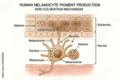 Human Melanocyte Pigment Production - Skin Coloration Mechanism, Illustration