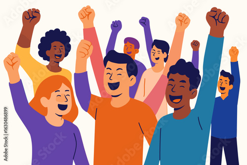 Flat vector cartoon illustration isolated on white depicting a group of happy people from different ethnicities standing together, waving and inviting a new customer or colleague, symbolizing a