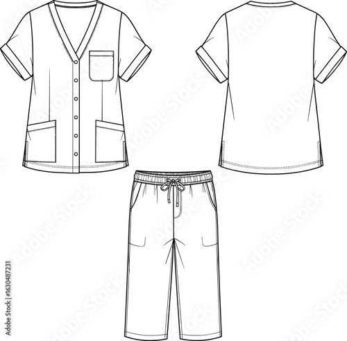 Flat sketch of unisex scrub set with front and back top, drawstring pants, medical uniform technical fashion drawing vector