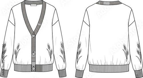 Front and back view cardigan sweater flat sketch with ribbed hem, button closure, V-neckline, sleeve embroidery, fashion technical drawing