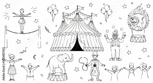 Circus coloring page featuring big top tent performers and animals for kids and adults to color in fun