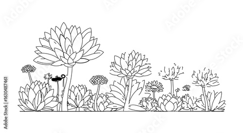 Botanical garden illustration of various flower species in black and white line art drawing style design