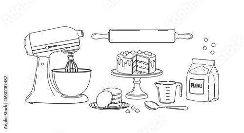 Baking illustration with mixer cake rolling pin flour and eggs for culinary art design and decoration