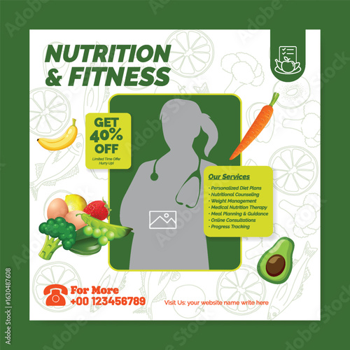 online nutrition consultant and diet plan social media post, banner vector template, personal nutrition counseling, Medical Nutrition Therapy social media marketing advertising, content design