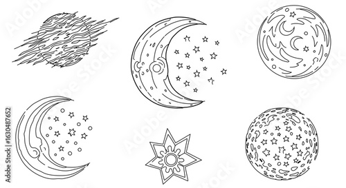 Celestial moon stars planet astrology drawing design for coloring page and educational resources usage