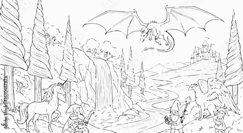 Fantasy coloring page with dragon unicorn griffin and castle for kids and adults printable activity sheet