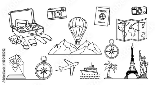 Travel adventure vacation planning with suitcase camera passport map and famous landmarks doodle line art