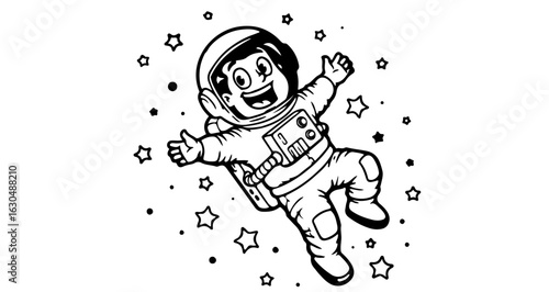 Astronaut in space coloring page for kids, cartoon spaceman with stars, space exploration and discovery art