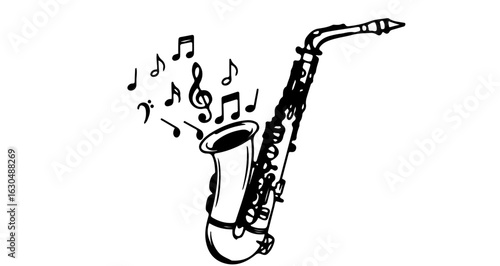 Saxophone music instrument illustration for jazz performance and musical education with notes and clef