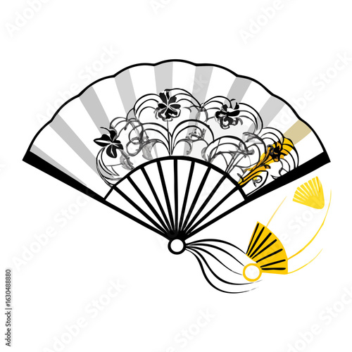 Decorative Japanese fan with floral patterns in black and gold  