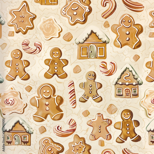 Festive Repeating Pattern Featuring Decorated Gingerbread Men and Icing Details for Holiday Celebrations
