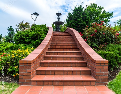 Curved brick steps leading to a fountain in a landscaped garden