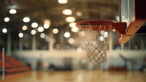 A basketball court basks in golden gym lighting, focusing on a solitary hoop with blurred motion.