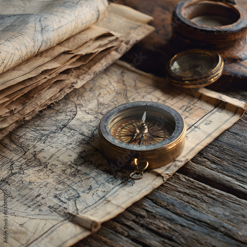 Antique Compass and Vintage Map on Weathered Wooden Table