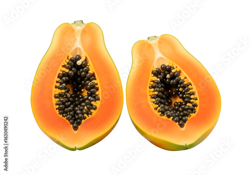 Freshly Cut Papaya Halves Showing Seeds and Flesh.