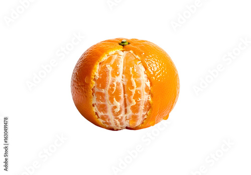 Partially peeled mandarin orange showing juicy segments.