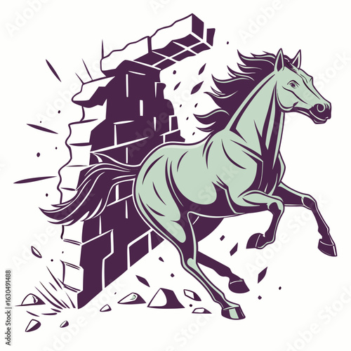 "Horse breaking through wall."