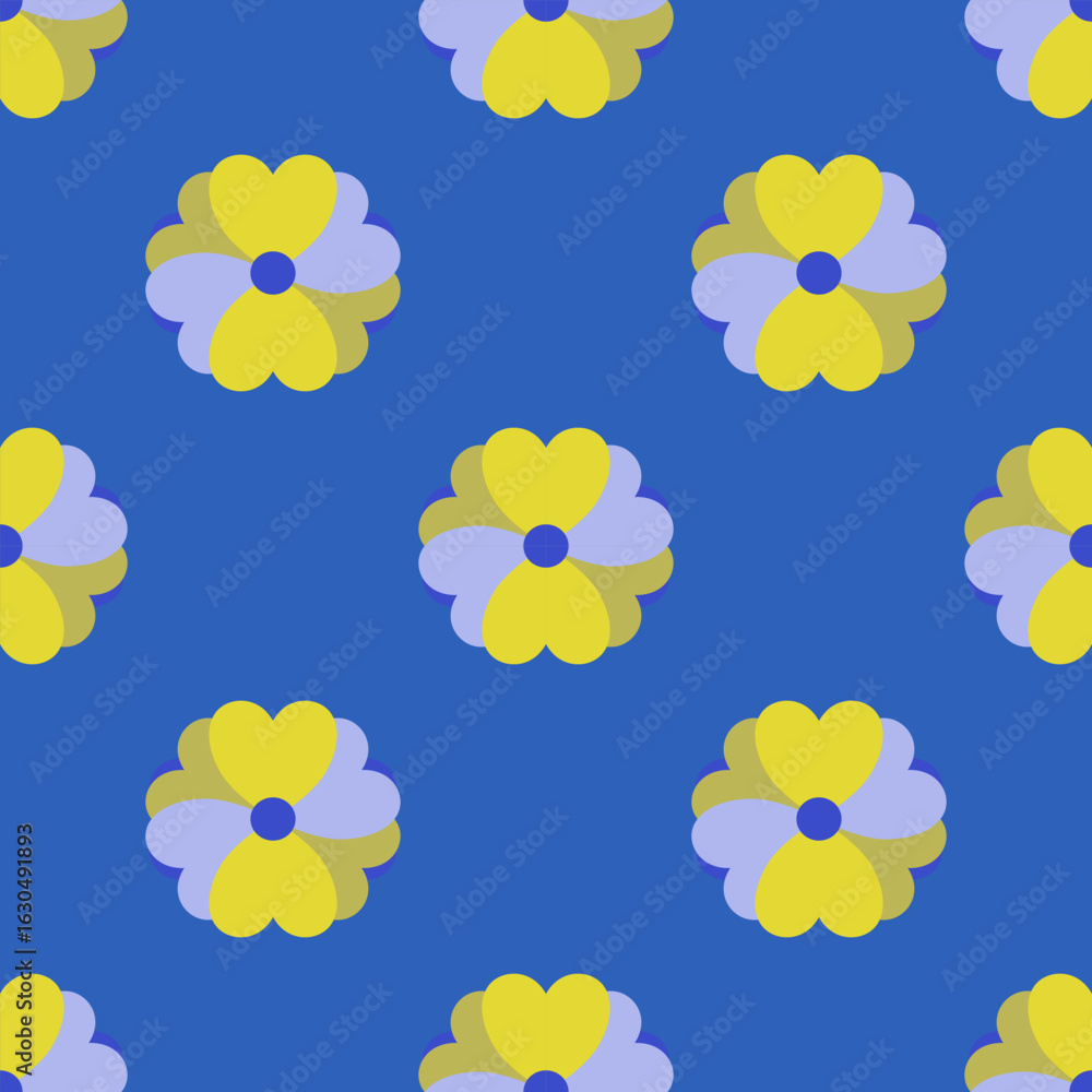 Flower geometric pattern of blue and yellow. Seamless retro floral pattern. Concept of lavender, motifs, sprint and summer, vintage fashion for wrapping paper, wallpaper, texture, interior decoration. Flower geometric pattern of blue and yellow. Seamless retro floral pattern. Concept of lavender, motifs, sprint and summer, vintage fashion for wrapping paper, wallpaper, texture, interior decoration.