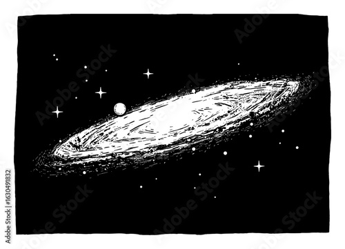 Cosmic Spiral Galaxy Artwork with Stars and Planets in Space Black and White Outline Line Art Drawing