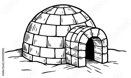 Classic Igloo Eskimo House Winter Dwelling Structure Black and White Outline Line Art Drawing