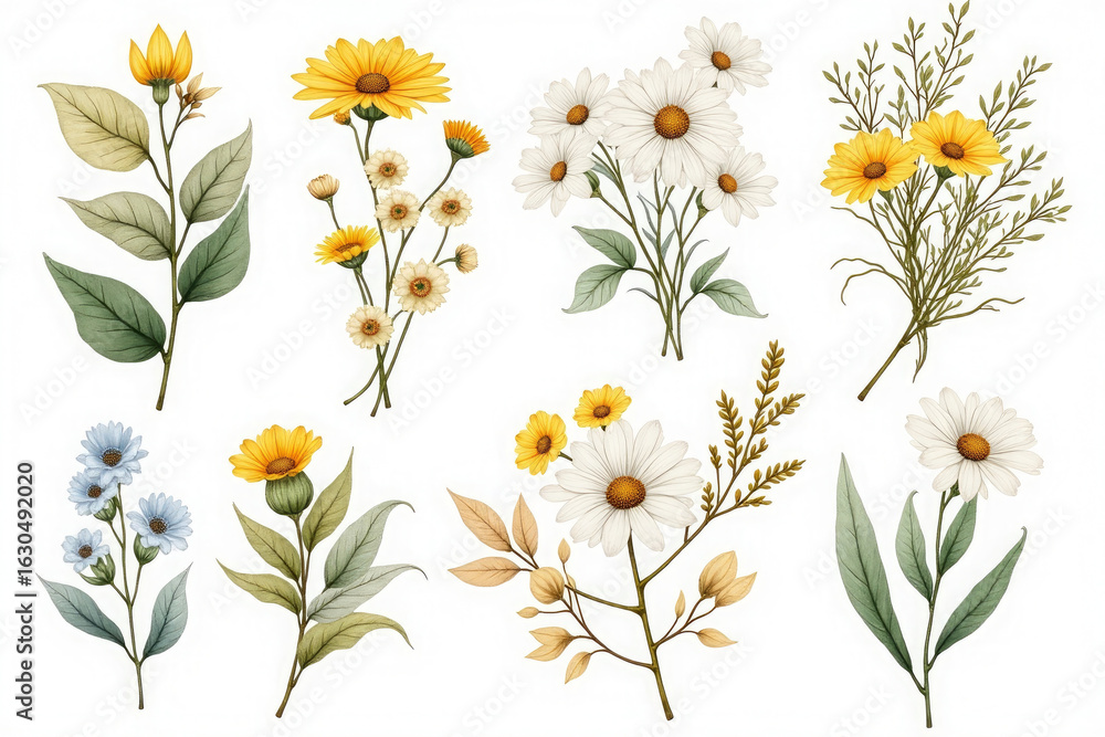 Fototapeta premium Collection of delicate watercolor wildflowers and greenery