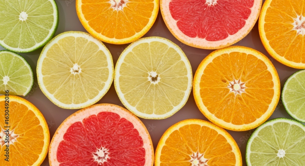 Obraz premium Overhead view of citrus fruit slices: limes, lemons, oranges, and grapefruit on a brown surface. Close-up, even lighting.